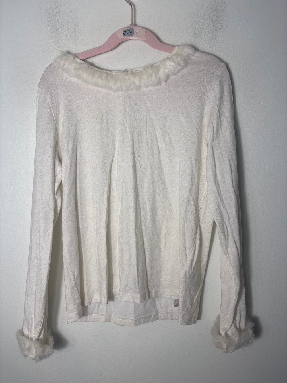 Girls Billie Blush Off White Fur Trimmed Long Sleeve Shirt Sz 10